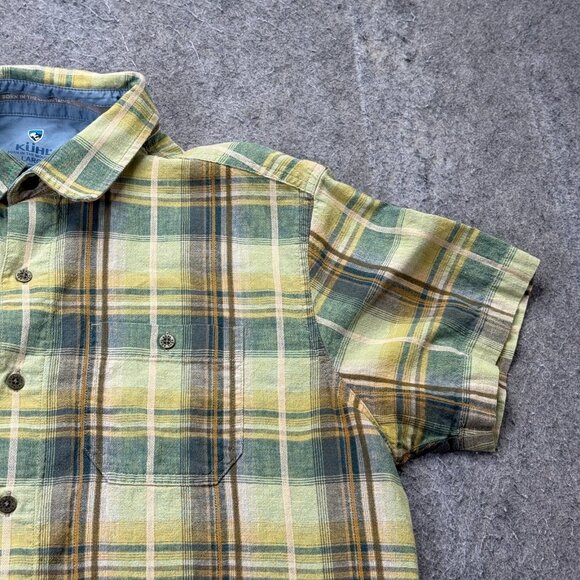 Kuhl Persuadr Shirt Men L Yellow Green Brown Linen Plaid Short Sleeve Button Up - Picture 3 of 15